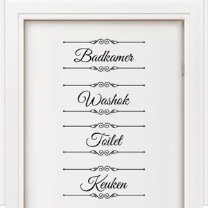 Deursticker Badkamer - Toilet - Keuken - Washok set 4 stickers 20cm breed Zwart | Bathroom stickers decoratie deur