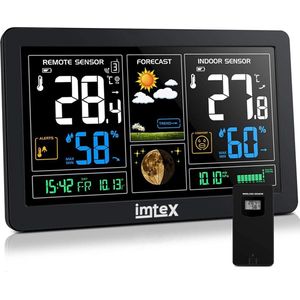 IMTEX Weerstation - Digitale klok kalender met datum tijd en alarm - Tafelklokken - Buitenweersysteem met Kleurendisplay