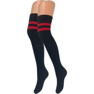 SQOTTON - Overknee Kousen - Zwart-Rood - Gestreept