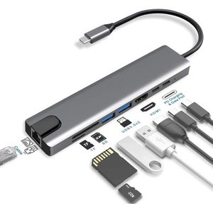 8 in 1 CNC Aluminium Type C Adapter met 4K HDMI-poort, Ethernet 1000mbps Internet RJ45-poort, 2 USB 3.0-poorten, USB-C Power Delivery kabel, TF/SD-kaartlezer, Compatibel voor USB C-apparaten