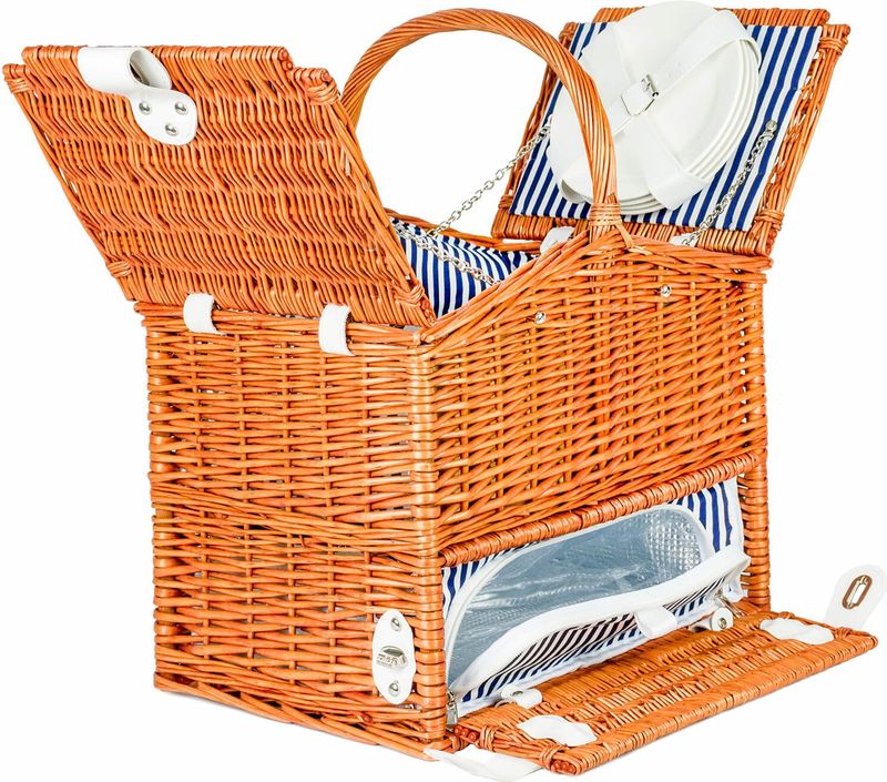 Rieten picknickmand XL 4-persoons + servies & thermotas