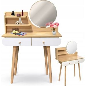 Houten Kaptafel - Ronde Spiegel - Wit - MDF en Grenenhout