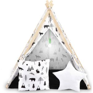 Tipi tent - speeltent - met lamp en kussens - zwart, wit