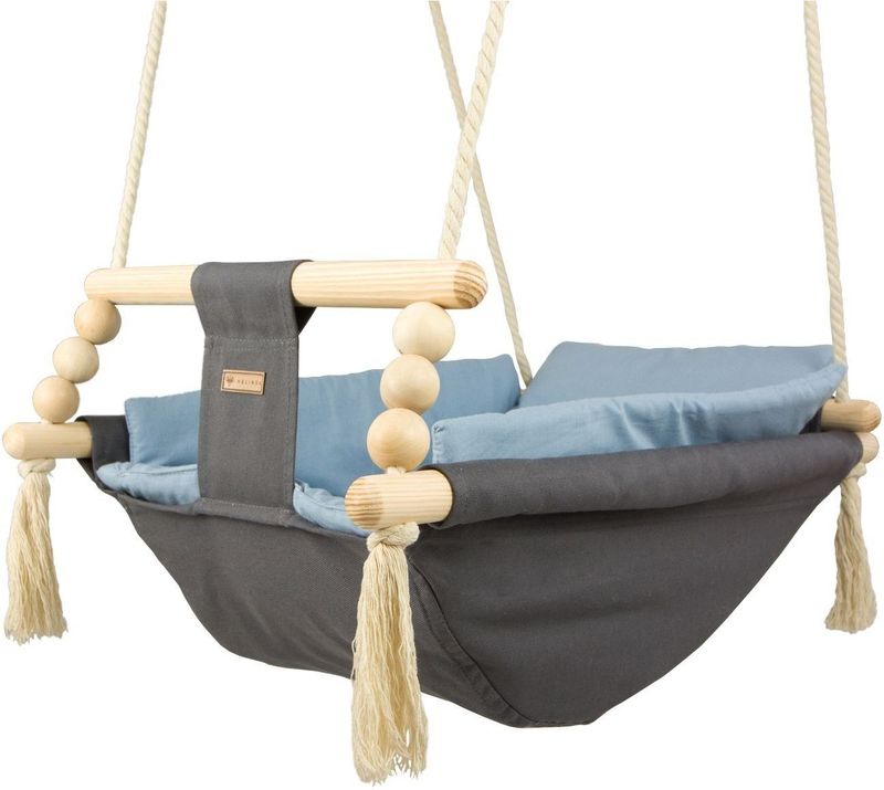 Babyschommel - Grijs Lichtblauw - Katoen Hout - Veiligheidsgordel