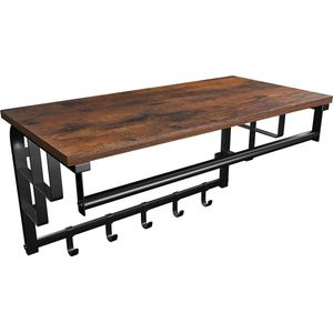Wandrek met 5 haken en plank industrieel ontwerp vintage zwart bruin