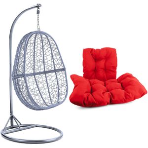 Hangstoel - zilver lichtgrijs - 90x117x60 cm - rood kussen