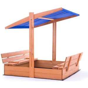 Zandbak - hout - met dak en bankjes - 120x120 cm - blauw