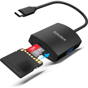 Sounix SD kaartlezer - 3 in 1 Cardreader - 5 Gbytes/s - SD/TF kaartlezer - Extra USB 3.0 port - Zwart - UCH31200