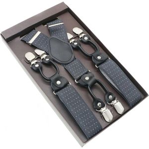 Luxe chique bretels - Grijs witte stip - zwart leer - 6 stevige clips - bretels heren - unisex - bretels