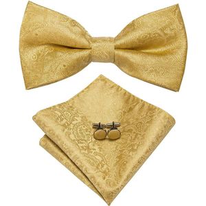 Vlinderdas inclusief pochet en manchetknopen - 100% zijden - Paisley - goud - vlinderstrik - strik - pochette – heren - Cadeau