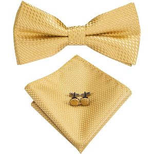 Vlinderdas inclusief pochet en manchetknopen – 100% zijden – ruit – goud - vlinderstrik - strik - pochette – heren - Cadeau
