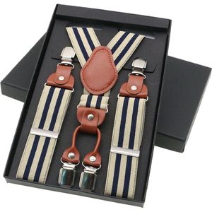 Luxe chique bretels - streep design - beige/donkerblauw - midden bruin leer - 4 stevige clips - bretels heren - unisex - Cadeau