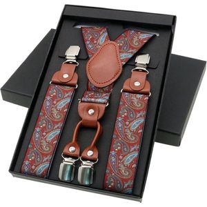 Luxe chique bretels – Rood paisley dessin – – midden bruin leer – 4 stevige clips – bretels heren – unisex