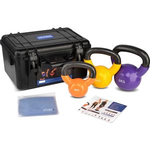 Pro Fitness Kettlebell Set – set van 3 gewichten – 2, 4 en 6 kg – Gietijzer – Opbergbox - Cadeau