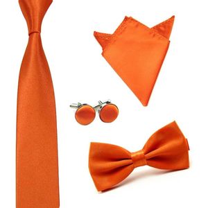 Luxe set stropdas inclusief vlinderstrik pochette en manchetknopen - Oranje - strik - strikje - vlinderdas - pochet - heren - nederlands elftal - Cadeau - Koningsdag