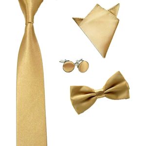 Luxe set stropdas inclusief vlinderstrik pochette en manchetknopen - Champagne - Goud - strik - strikje - vlinderdas - pochet - heren - Cadeau