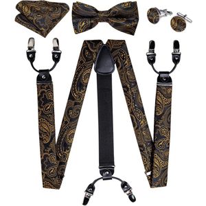 100% zijden Paisley – bretels – vlinderdas – pochet – manchetknopen – zwart - goud - Cadeau