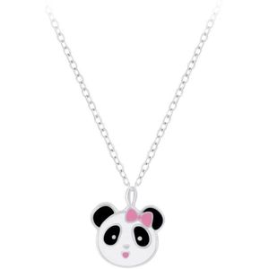 Zilveren ketting, panda met roze strikje
