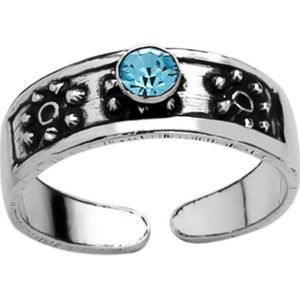 Zilveren teenring, bewerkt met blauwe kristal