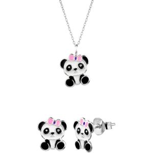 Oorbellen meisje zilver | Set zilveren ketting en oorstekers, panda met roze strikje