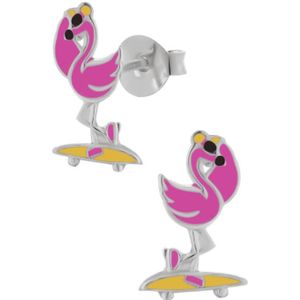 Oorbellen meisje zilver | Zilveren oorstekers, flamingo op skateboard