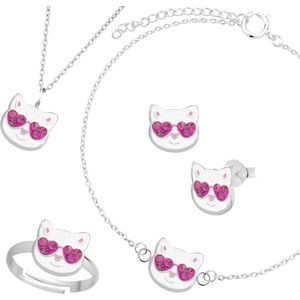 Cadeau meisje | Sieraden set | Kinderoorbellen, complete set witte kat met roze