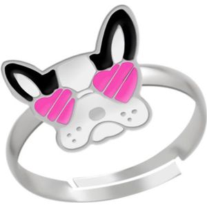 Ring meisje kind | Ring kinderen | Zilveren ring, hondenkop met roze hartjesbril
