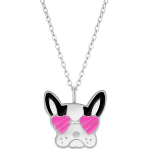Zilveren ketting met hanger, hondenkop met roze hartjeszonnebril