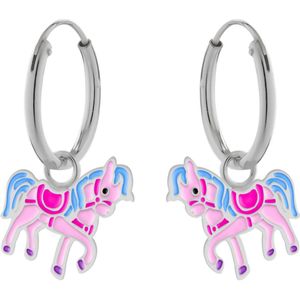 Oorbellen meisje zilver | Zilveren oorringen, roze paard met blauwe manen