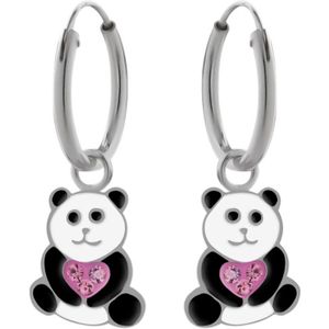 Zilveren Oorringen met Hange - Panda met Roze Hart met Kristallen