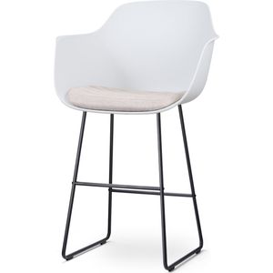 Nolon Nino-Liz Barkruk Wit met Beige Zitkussen - Armleuning - Kunststof - Zwart Onderstel - 75 cm - Barstoel met Rugleuning