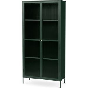 Olivine Katja Hoge Metalen Vitrinekast - met Ribglas - 2 Deuren - Verstelbare Planken - Buffetkast - Industrieel - 90 x 40 x 190 cm - Groen