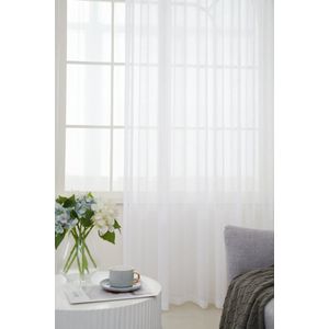 Maroyathome - BIBIANA 2 - Vitrage met plooiband voor haakjes - kant en klaar - HELDER WIT - 300 x 270 cm - 300 cm breed en 270 cm hoog/lang - inclusief schelphaken en hanglood aan de onderkant