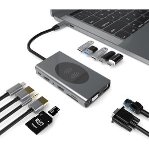 USB C Hub, 14 in 1 USB Hubs Type C Multipoort Adapter met Draadloze Oplader, USB C Adapter met 4K HDMI Kabel Uitgang *2, Gigablit Ethernet RJ45, 87W PD Oplader, VGA, 5 USB 3.0 Poorten SD/TF Kaartlezer