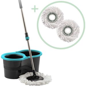 Orange Donkey, Spin Mop - Draaiende Dweil set met Wringsysteem - Ronde Vloerwisser met 2 extra Microvezeldoeken - Mop Set met Wringer - Emmer met Wringfunctie - Blauw/Zwart - 13L - Spinning Mop met Telescopische Steel