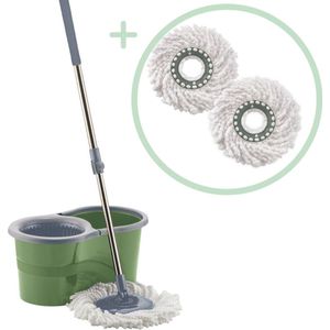 Orange Donkey, Smart Spin Mop PRO - Draaiende Dweil met Wringsysteem - Ronde Vloerwisser met 2 extra Microvezeldoeken - Mop Set met Wringer - Dweilset - Emmer met Wringfunctie - Groen/Grijs - 13L - Spinning Mop met Telescopische Steel