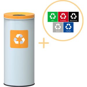 Alda Eco Nord White Bin, Prullenbak - 45L - Wit/Geel- Afvalscheiding Prullenbakken - Gemakkelijk Afval Scheiden – Recyclen - Afvalemmer - Vuilnisbak voor huishouden en kantoor - Afvalbakken - Inclusief 5-delige Stickerset