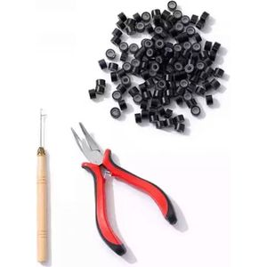 Combi-set Microring met silicone 100 stuks (Zwart) + haaknaalden + Extension tang / microring inzettang