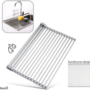 Fain® Luxe afdruiprek – Pannenonderzetter hittenbestendig – Grijs met RVS – 45 x 35 cm – Afkoelrooster – Afdruiprek voor boven gootsteen – Afdruiprek oprolbaar – Afdruipmat – Afdruiprooster - Afdruiprek metaal