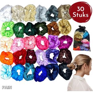 Fain Scrunchies Mega Pack Velvet – 30 Stuks – Incl. Opbergzakje – Haarspeldjes Meisjes – Haarelastiekjes – Haardonut – Kinderen - Haarelastiekjes zonder metaal – Haarwokkel – Scrunchie houder - Zwart – Beige - Haarelastiekjes Dames