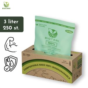 Biotani Biozakken – 3 liter – 250 Stuks – 28 x 29 cm - Incl. Dispenser – 18 Micron - Biologisch Afbreekbare Afvalzakken – GFT Zakken - 100% Composteerbare Vuilniszakken – GFT Afvalzakken – Afbreekbare Afvalzakken – Bio Afvalzakken - GFT Zakjes