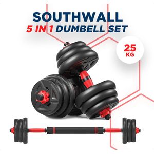 SOUTHWALL 5-in-1 Dumbbells tot 25 kg – Halterset – Dumbells Verstelbaar – Kettlebell – Halterstang – Gewichten – Barbell – Dumbells set – Fitness gewichten set – Gebruiksvriendelijk – Multifunctioneel – Zwart/Rood