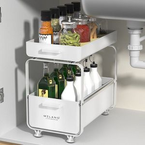 Milano Luxurious uittrekbare organizer lade wit– Keuken ladekast – Gootsteenkast organizer – Opbergrek voor het aanrecht – Tweelaags ladesysteem – Opslag voor keukenkast of badkamerkast