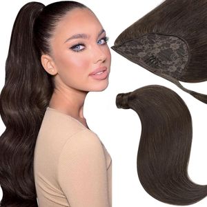 Vivendi Ponytail Clip In Hairextensions| Human Hair Echt Haar | Wrap Around Hairextensions | 16"" / 40 cm |kleur #2 Natuur Bruin | 70gram