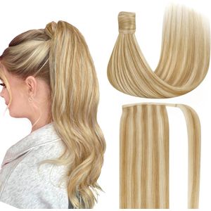 Vivendi Ponytail Clip In Hairextensions| Human Hair Echt Haar | Wrap Around Hairextensions | 16"" / 40 cm |kleur #27/613 Mix Piano Licht koper & Goud Blond Blond | 70gram