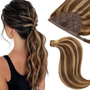 Vivendi Ponytail Clip In Hairextensions| Human Hair Echt Haar |Wrap Around Hairextensions | 16"" / 40 cm |kleur #4/27 Mix Piano Donkerbruin & Licht koper | 90gram