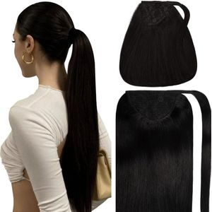 Vivendi Ponytail Clip In Hairextensions |Human Hair Echt Haar |Wrap Around Hairextensions | 18"" / 45cm | Kleur # 1 Zwart | 70gram