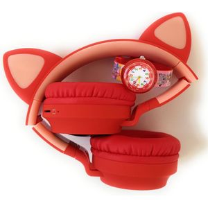 ZaciaToys Bluetooth Draadloze On-Ear Koptelefoon voor Kinderen Rood Incl. educatief kinderhorloge - Kattenoortjes - Kinder Hoofdtelefoon - Draadloos Headphone - Handsfree - Gehoorbescherming - Schakelbare LED-verlichting