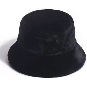 Teddy Bucket Hat Soft - Maat 57/59 - Muts Hoed Bontmuts - Zwart