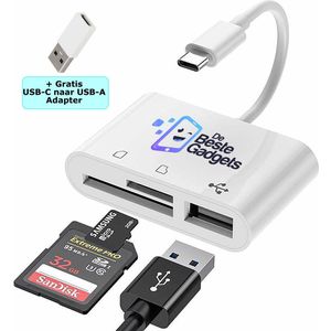 De Beste Gadgets USB-C Cardreader 3 in 1 Wit - SD kaart - Micro SD (Hoge capaciteit) en USB aansluiting - Android Cardreader - Kaartlezer - Camera Connection Kit - Met gratis USB-C naar USB-A adapter